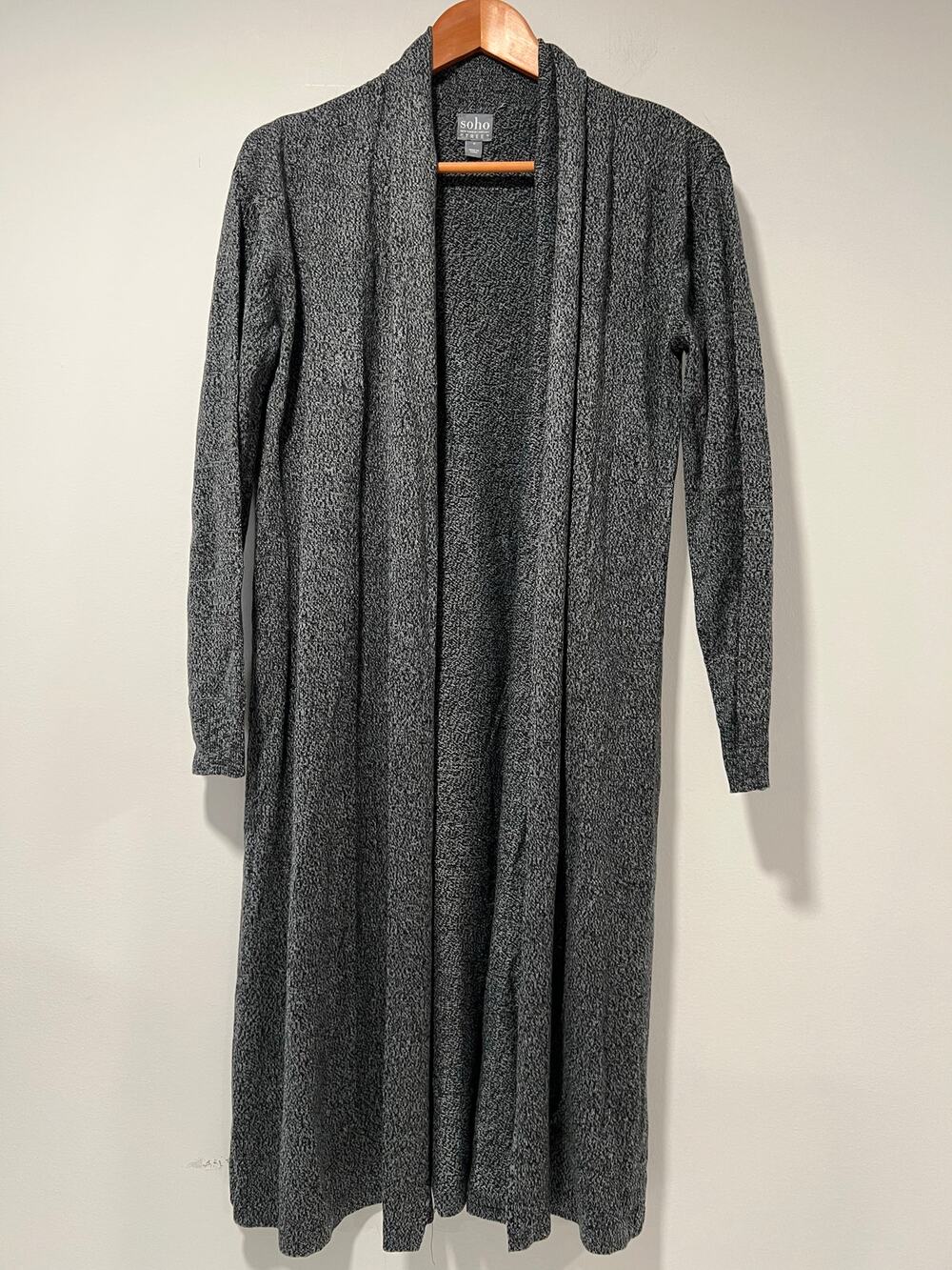 Soho Long Open Duster Cardigan Black and Gray Speckled Size Small JL